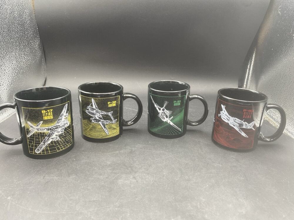 Set Of 4 Vintage Blackbird Fighter Plane Mugs B17- P38 - P51 - P40